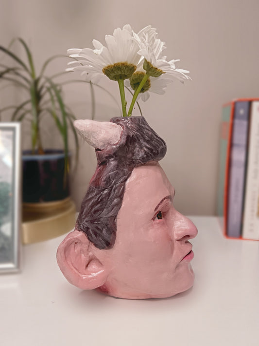 Francis Underwater handmade devil boy vase, home setting with flowers side