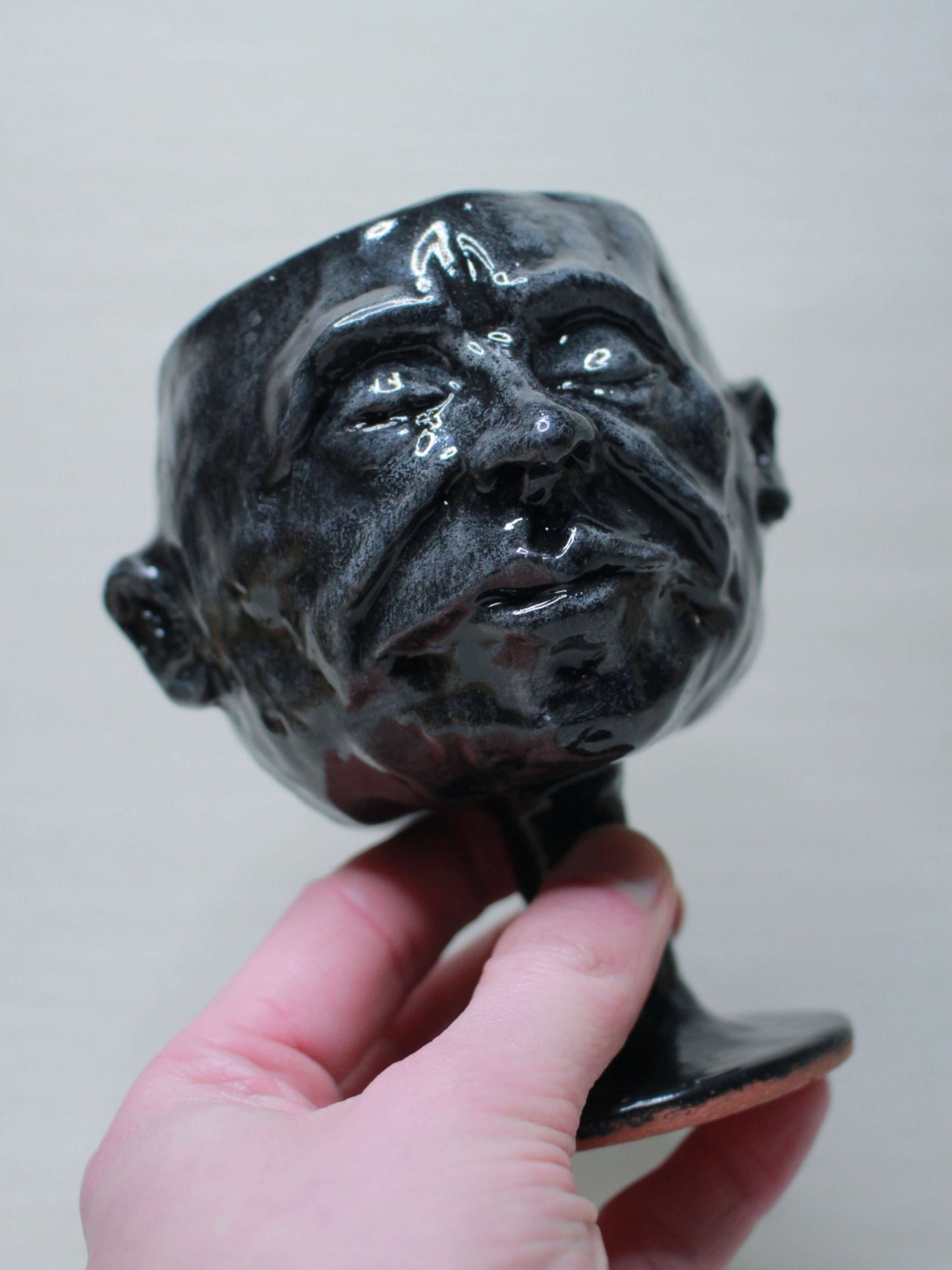 Black Hand sculpted Terracotta Face Goblet - Unique Handmade Ceramic Wine Glass
