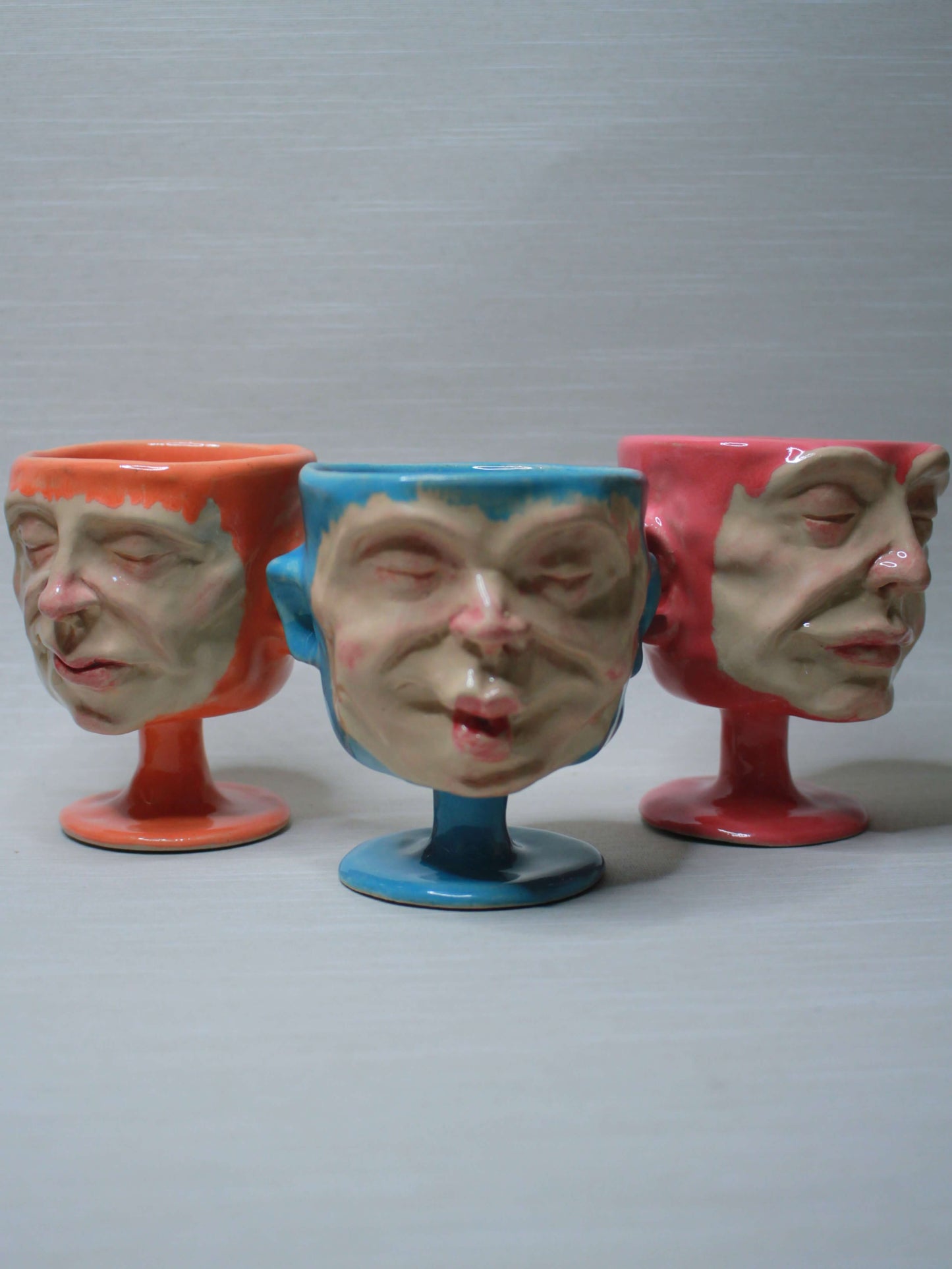 Mini Blue Ceramic Face Goblet - Small Handmade Ceramic Drinkware