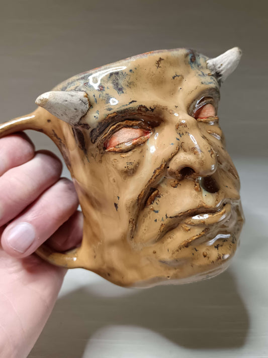 Creepy Brown Devil Mug - Weird Handmade Ceramic Horror Mug