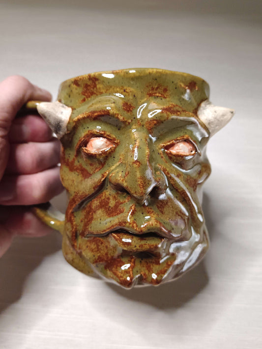 Grotesque Green Demon Mug - Weird Handmade Ceramic Devil Mug