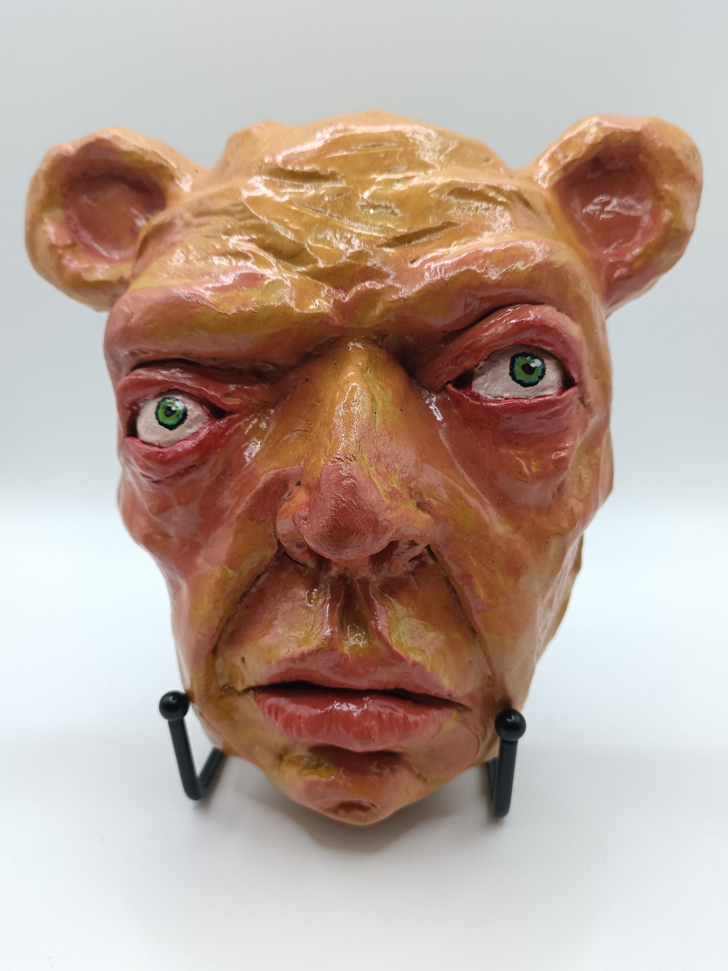 Francis Underwater creepy yellow bear, hand sculpted clay sculpture mask with stand