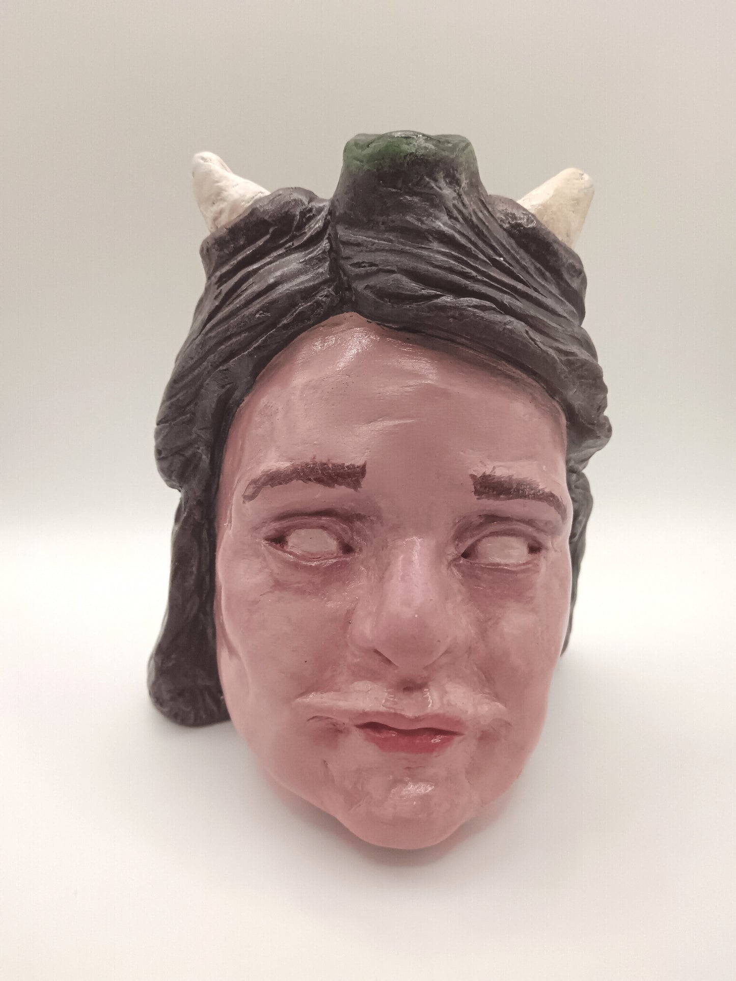 Handmade clay devil girl vase, front