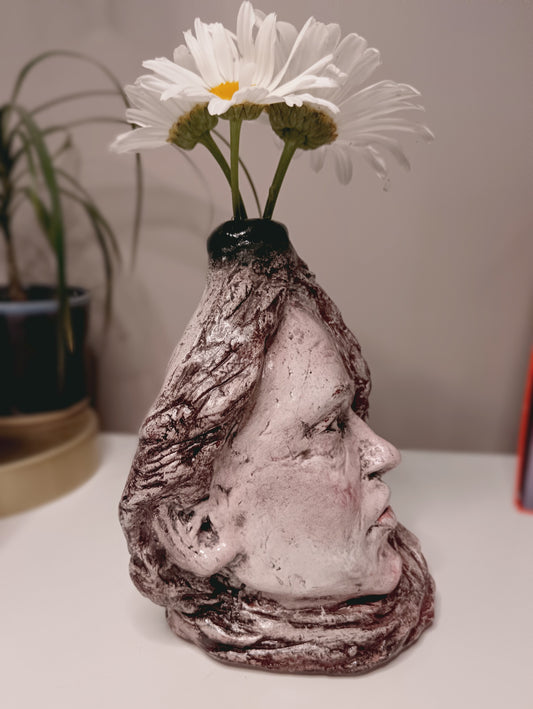 Handmade Female Portrait bud vase, home setting with flowers, side