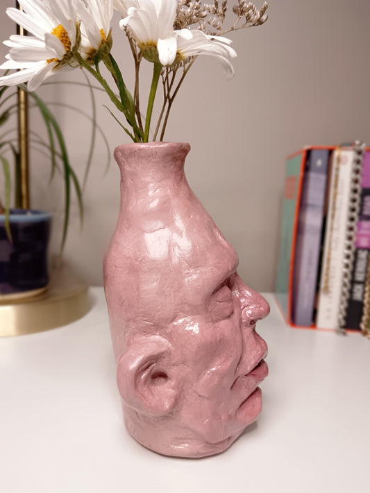 handmade closed-eye clay face vase, home setting right size
