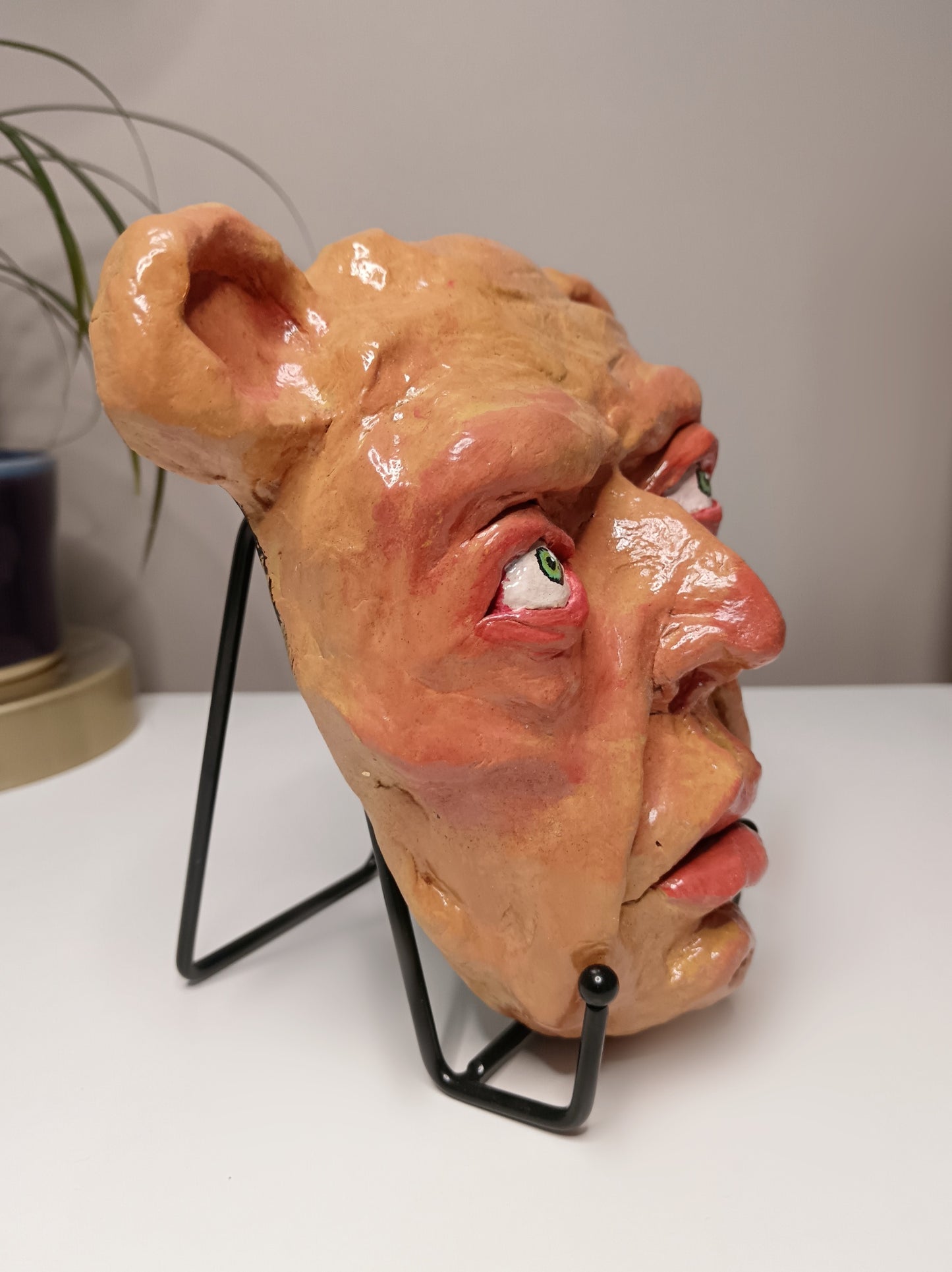 creepy yellow bear, hand sculpted clay sculpture mask side view