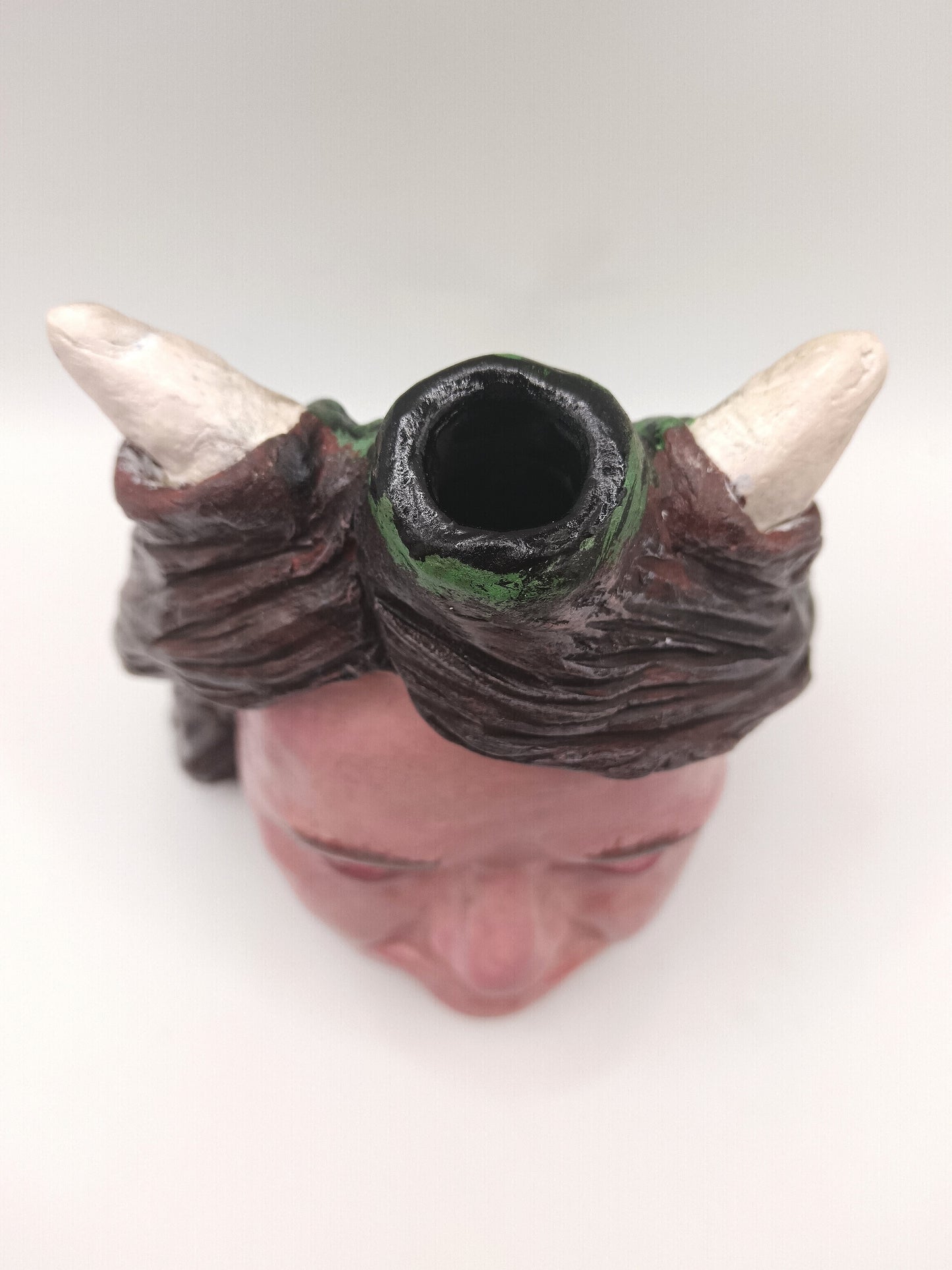 Handmade clay devil girl vase, top