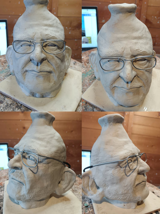 Work in progress of old man hand sculpted portrait sculpture common vase