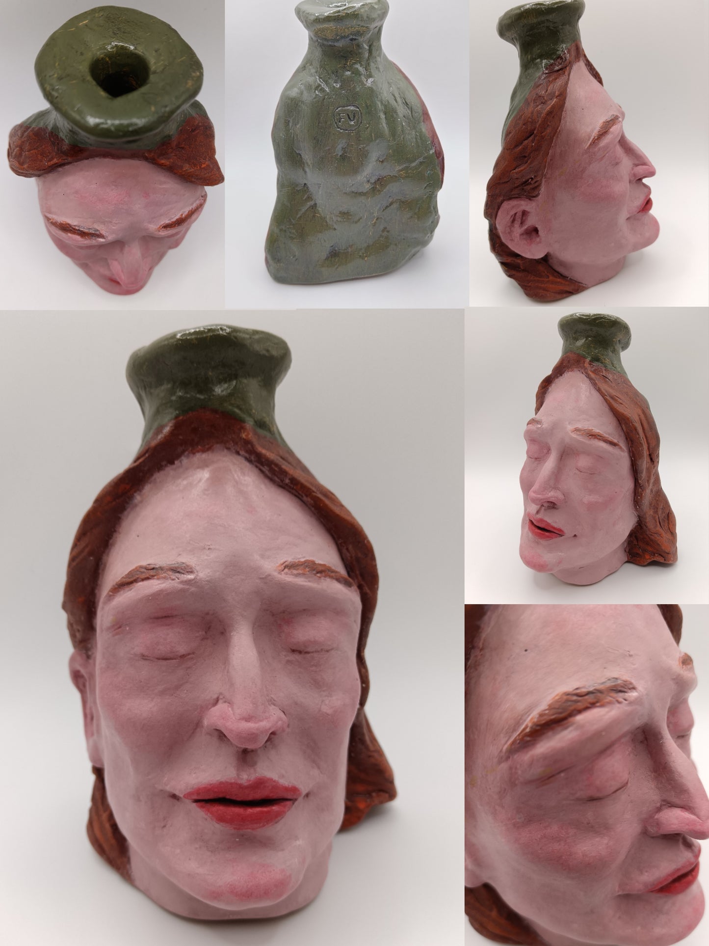 Hand-sculpted facial detail on bespoke portrait vase from photo