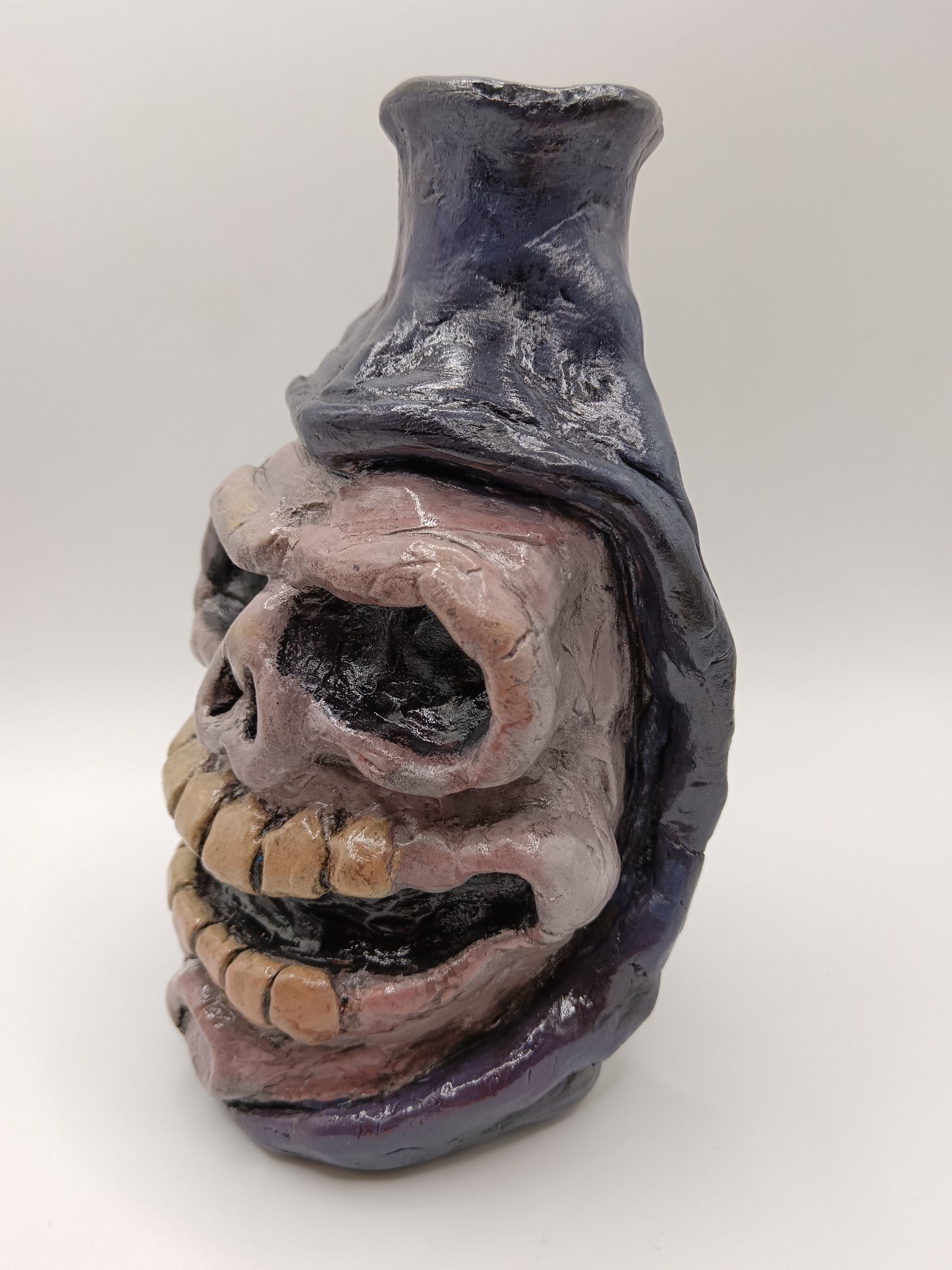 Hand made clay skull vase purple grim reaper