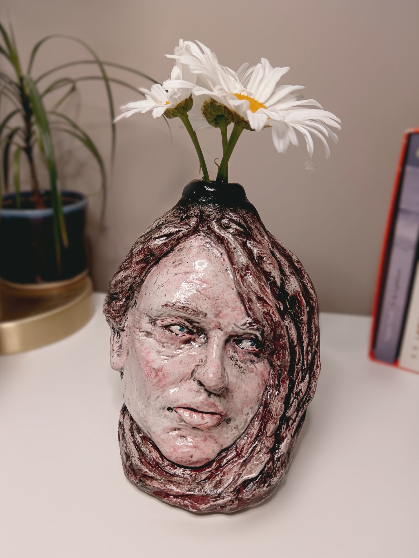 Francis Underwater Handmade Female Portrait bud vase, home setting with flowers