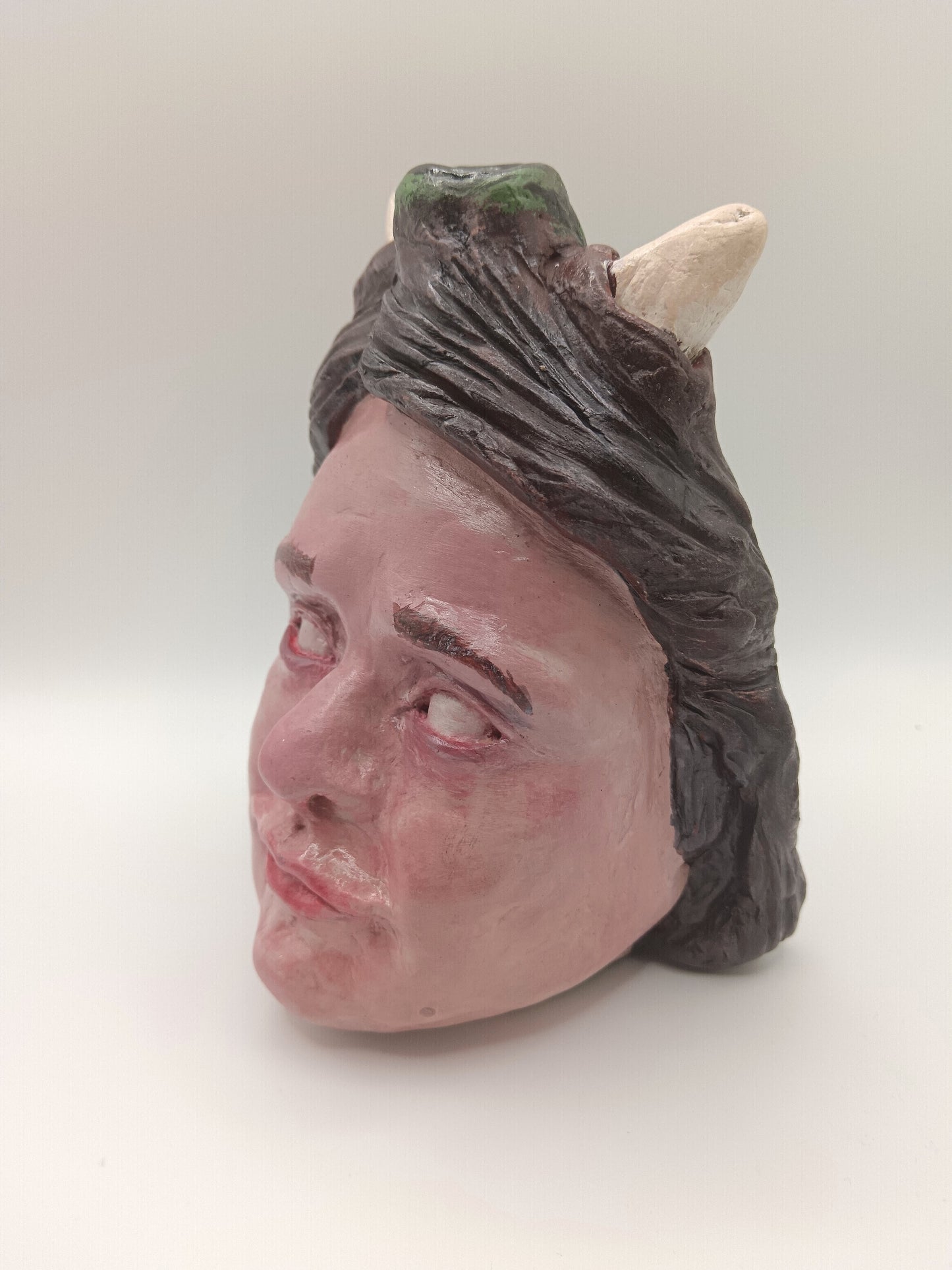 Handmade clay devil girl vase, front right