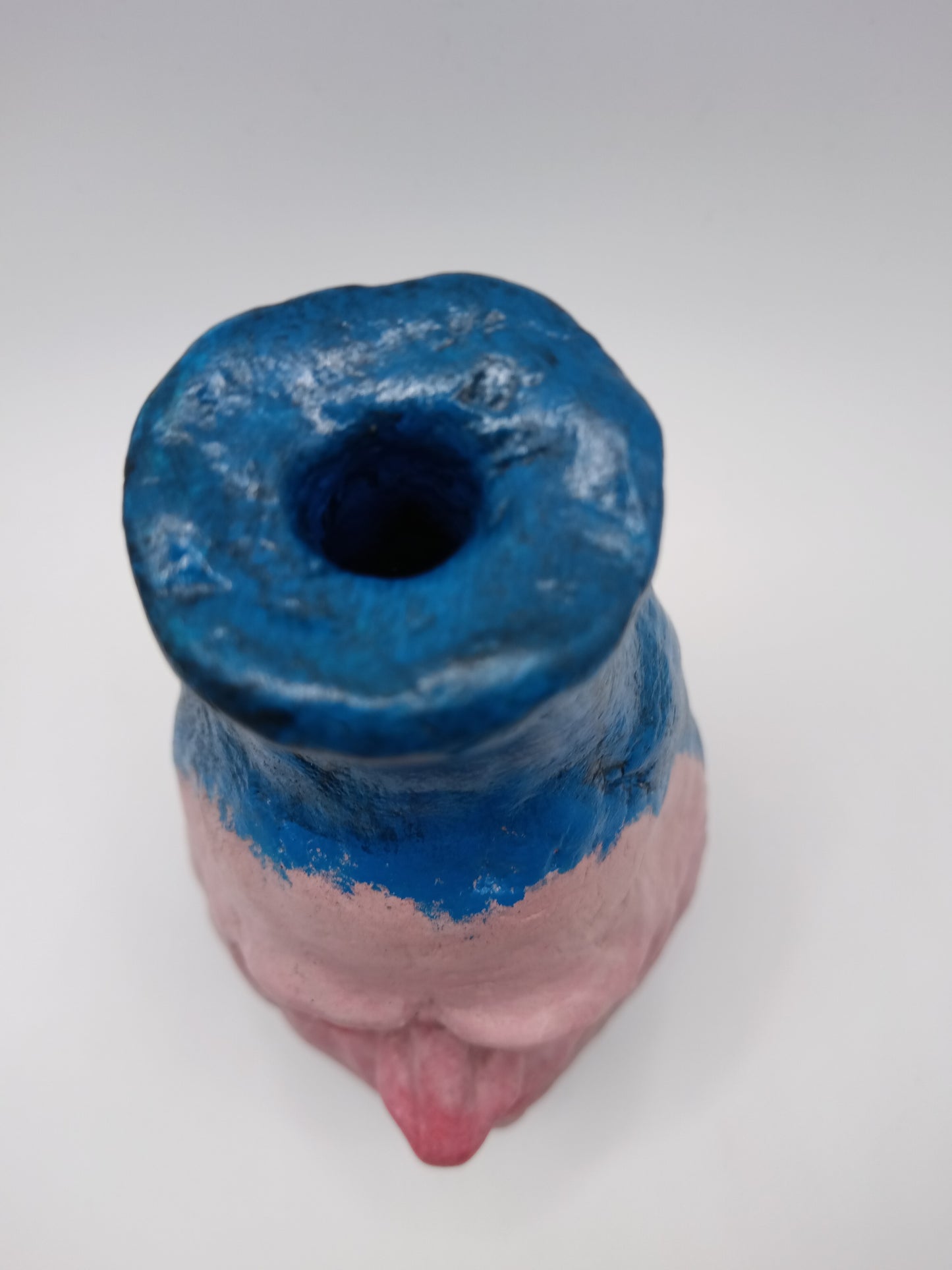 Hand sculpted blue face Vase - top view