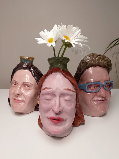 Collection of 3 Custom hand-sculpted female portrait vases made from photographs, handmade in the UK
