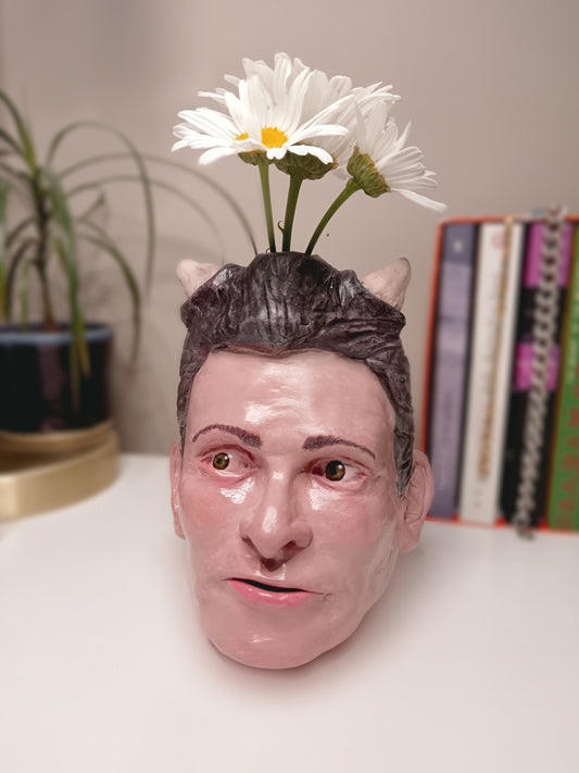 Francis Underwater handmade devil boy vase, home setting with flowers