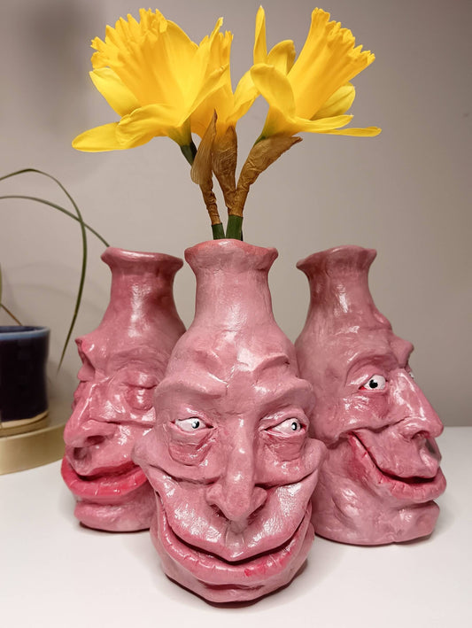 Quirky Hand Sculpted Grinning Face Vases