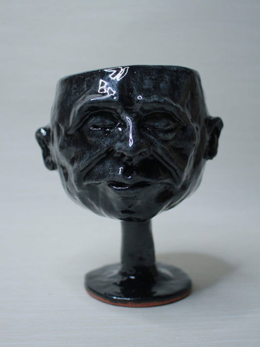 Black Hand sculpted Terracotta Face Goblet - Unique Handmade Ceramic Wine Glass