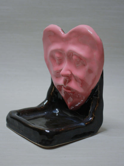 Pink Heart Trinket / Tealight Holder (Black) - Handmade Ceramic Jewellery Dish / Mini Altar