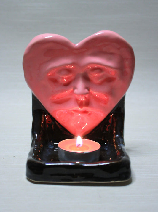 Pink Heart Trinket / Tealight Holder (Black) - Handmade Ceramic Jewellery Dish / Mini Altar