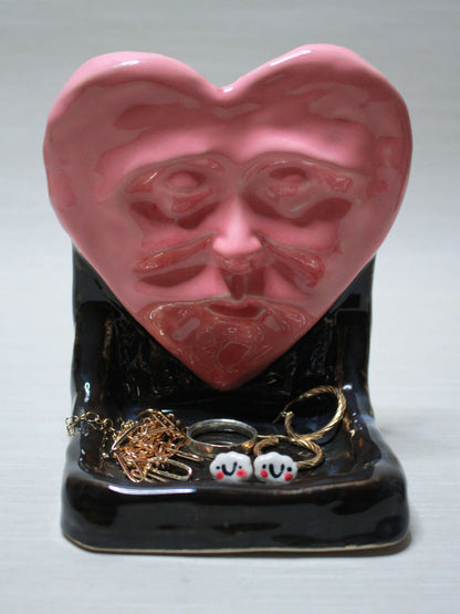Pink Heart Trinket / Tealight Holder (Black) - Handmade Ceramic Jewellery Dish / Mini Altar