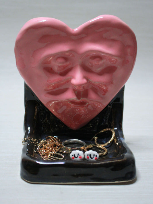 Pink Heart Trinket / Tealight Holder (Black) - Handmade Ceramic Jewellery Dish / Mini Altar