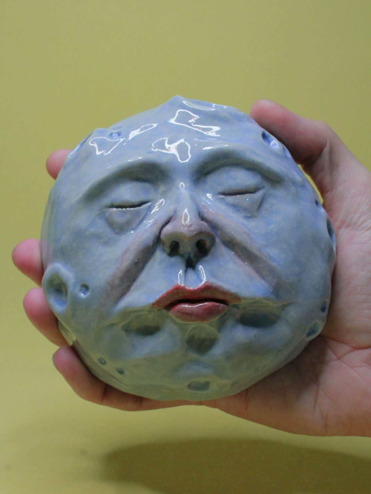 Blue Full Moon Ceramic Wall Ornament - Closed Eyes
