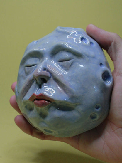 Blue Full Moon Ceramic Wall Ornament - Closed Eyes