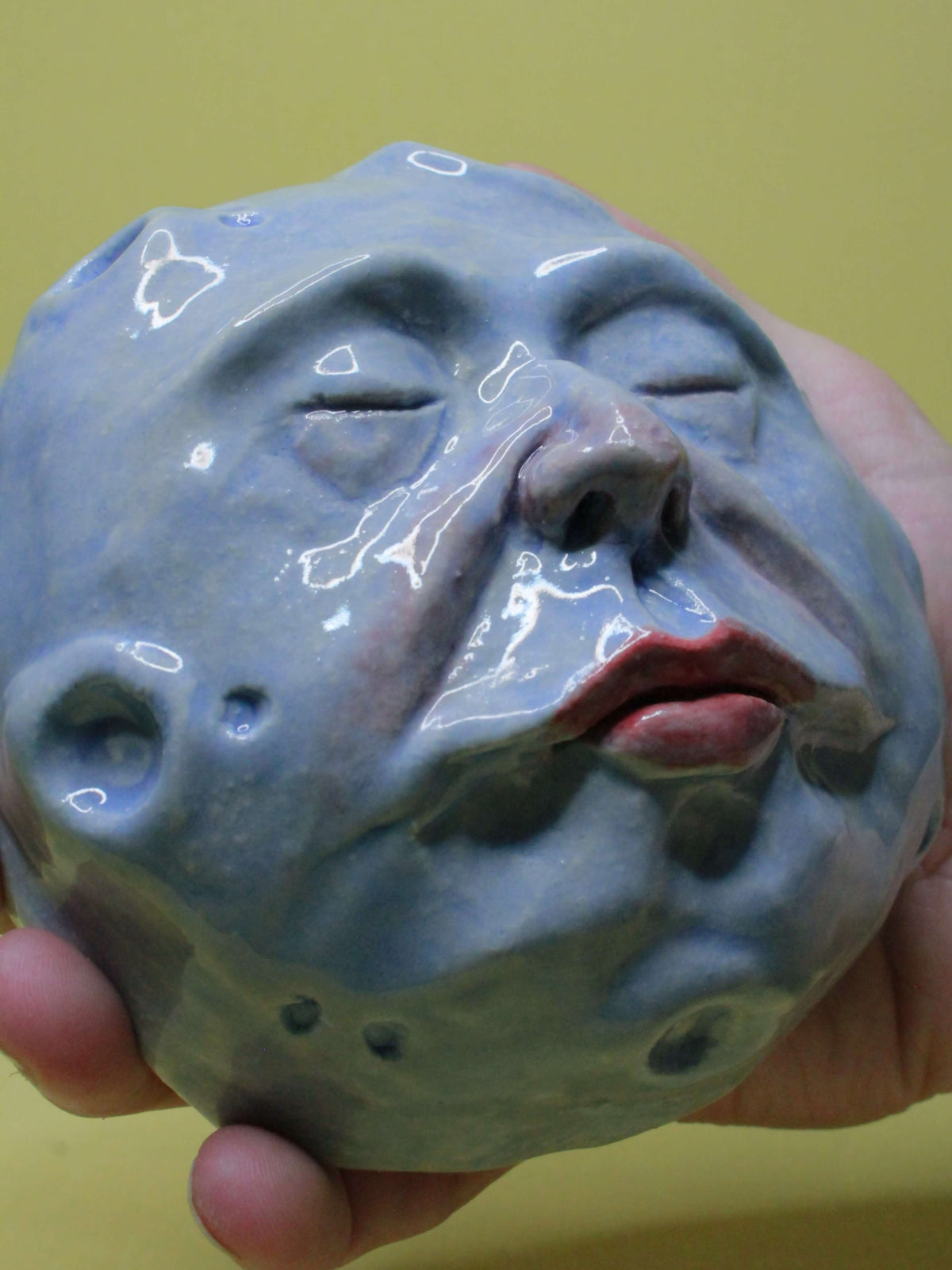Blue Full Moon Ceramic Wall Ornament - Closed Eyes
