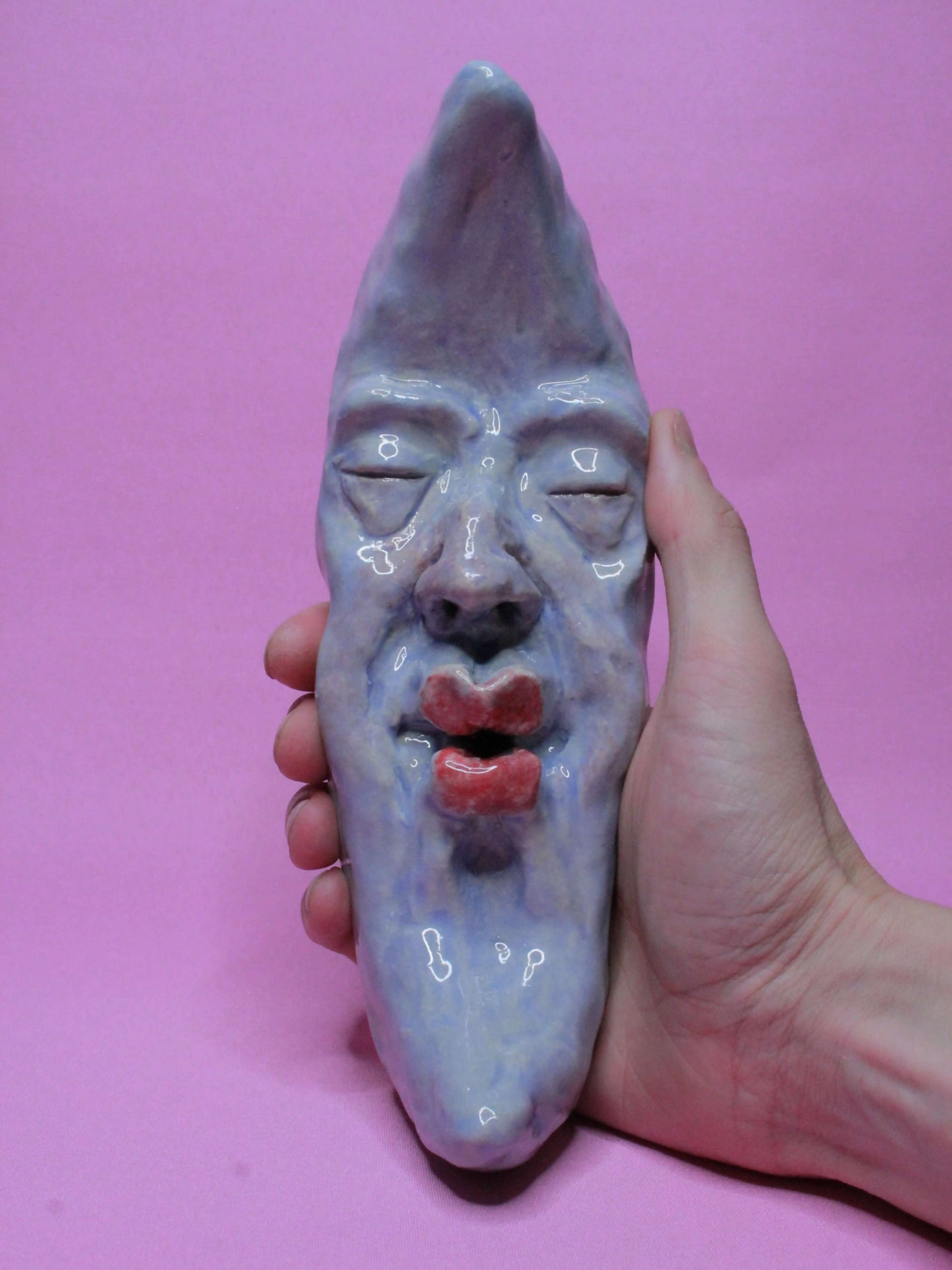 Blue Crescent Moon Ceramic Wall Ornament - Kissing Face