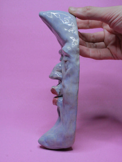 Blue Crescent Moon Ceramic Wall Ornament - Kissing Face
