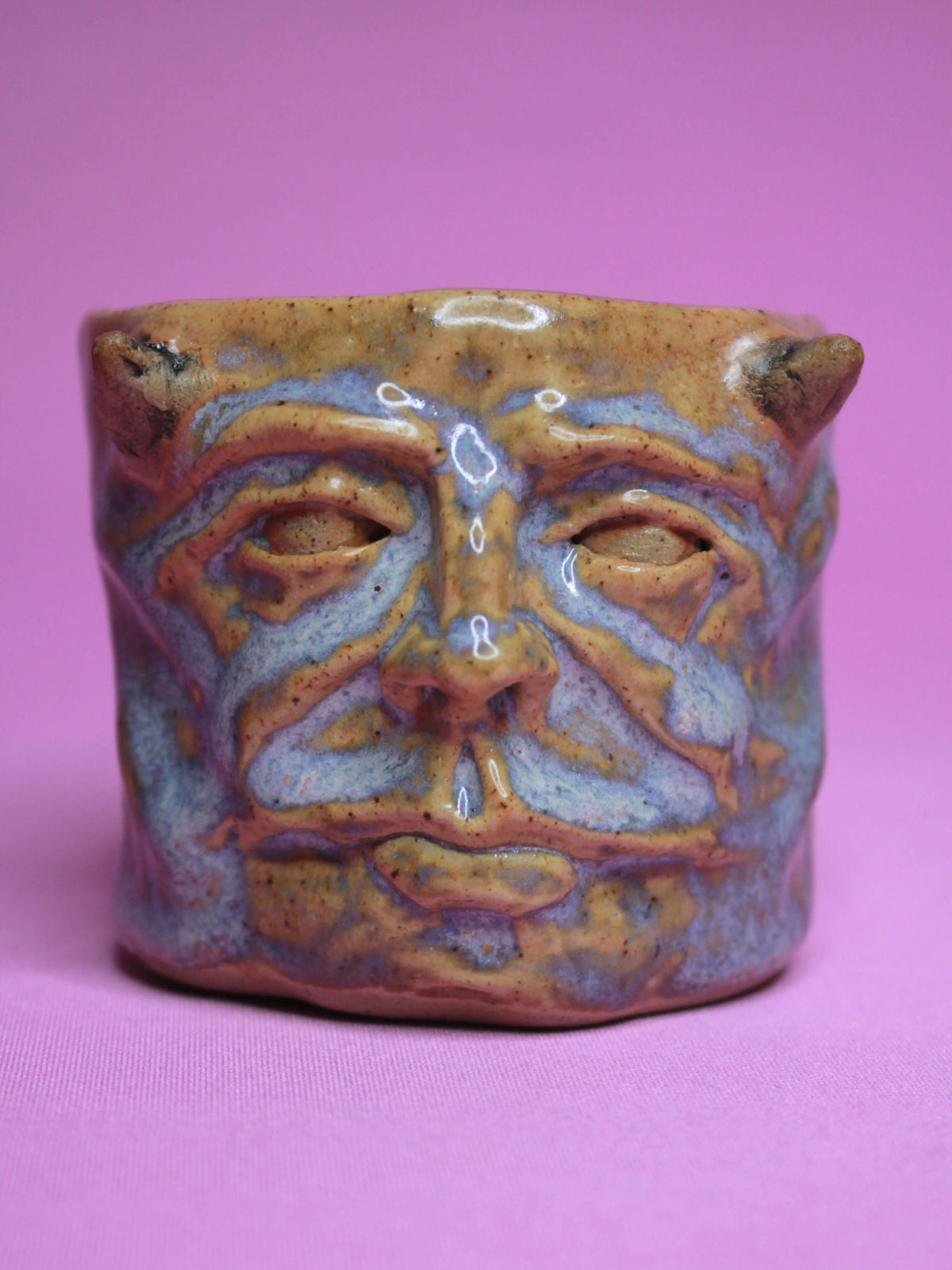 Blue Demon Face Tumbler - Unique Handmade Ceramic Drinkware