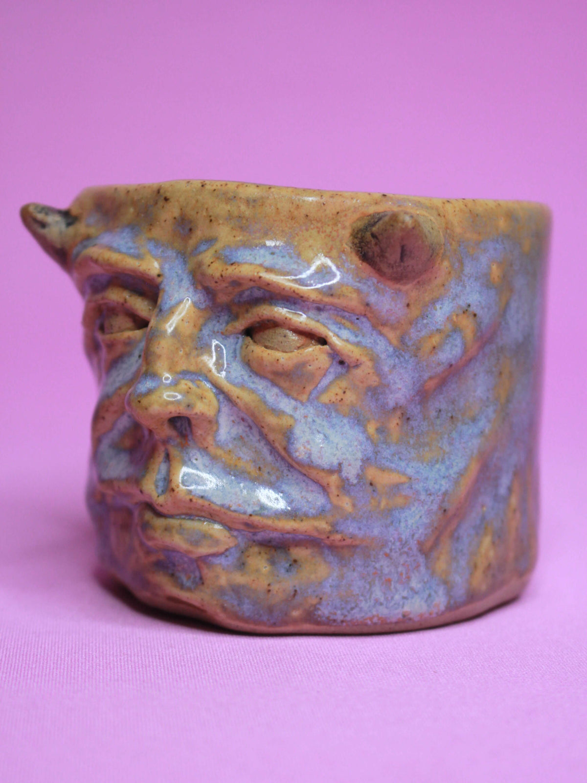 Blue Demon Face Tumbler - Unique Handmade Ceramic Drinkware