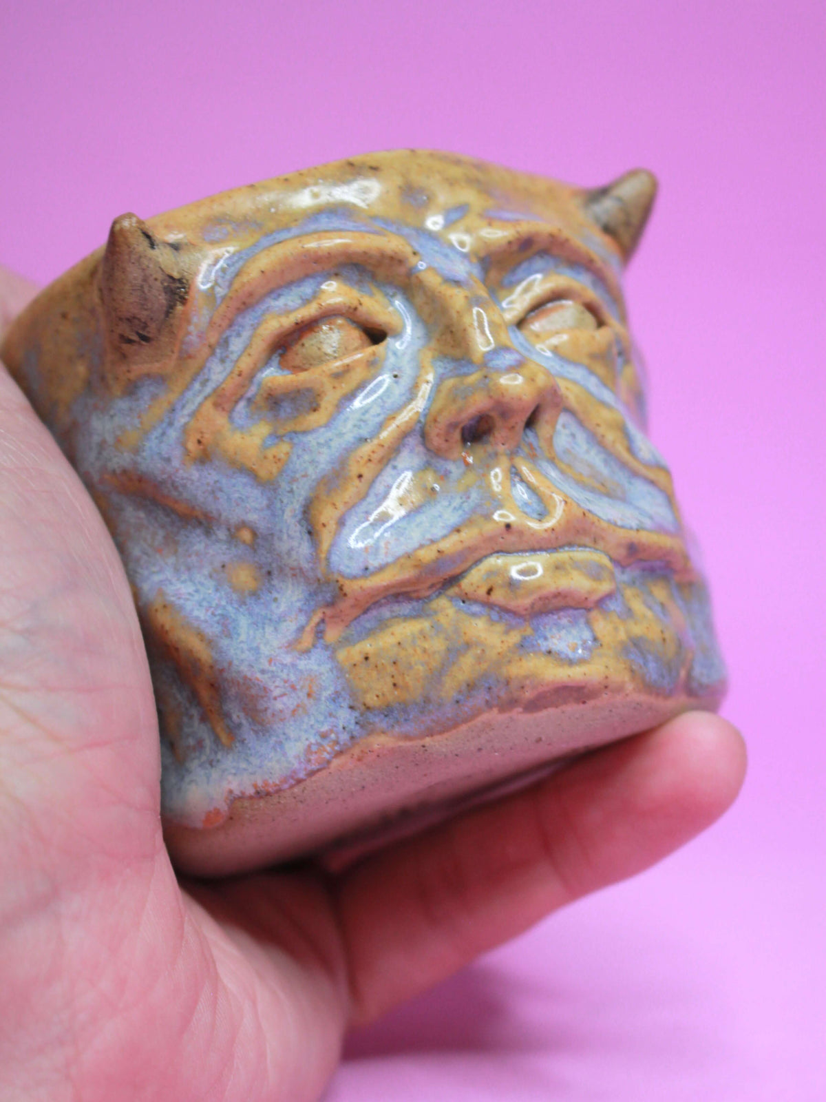 Blue Demon Face Tumbler - Unique Handmade Ceramic Drinkware