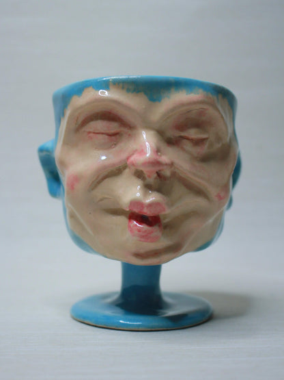 Mini Blue Ceramic Face Goblet - Small Handmade Ceramic Drinkware