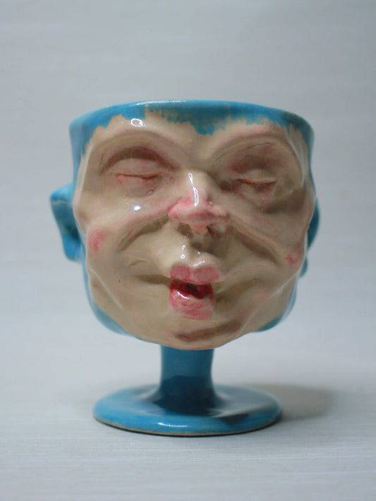 Mini Blue Ceramic Face Goblet - Small Handmade Ceramic Drinkware