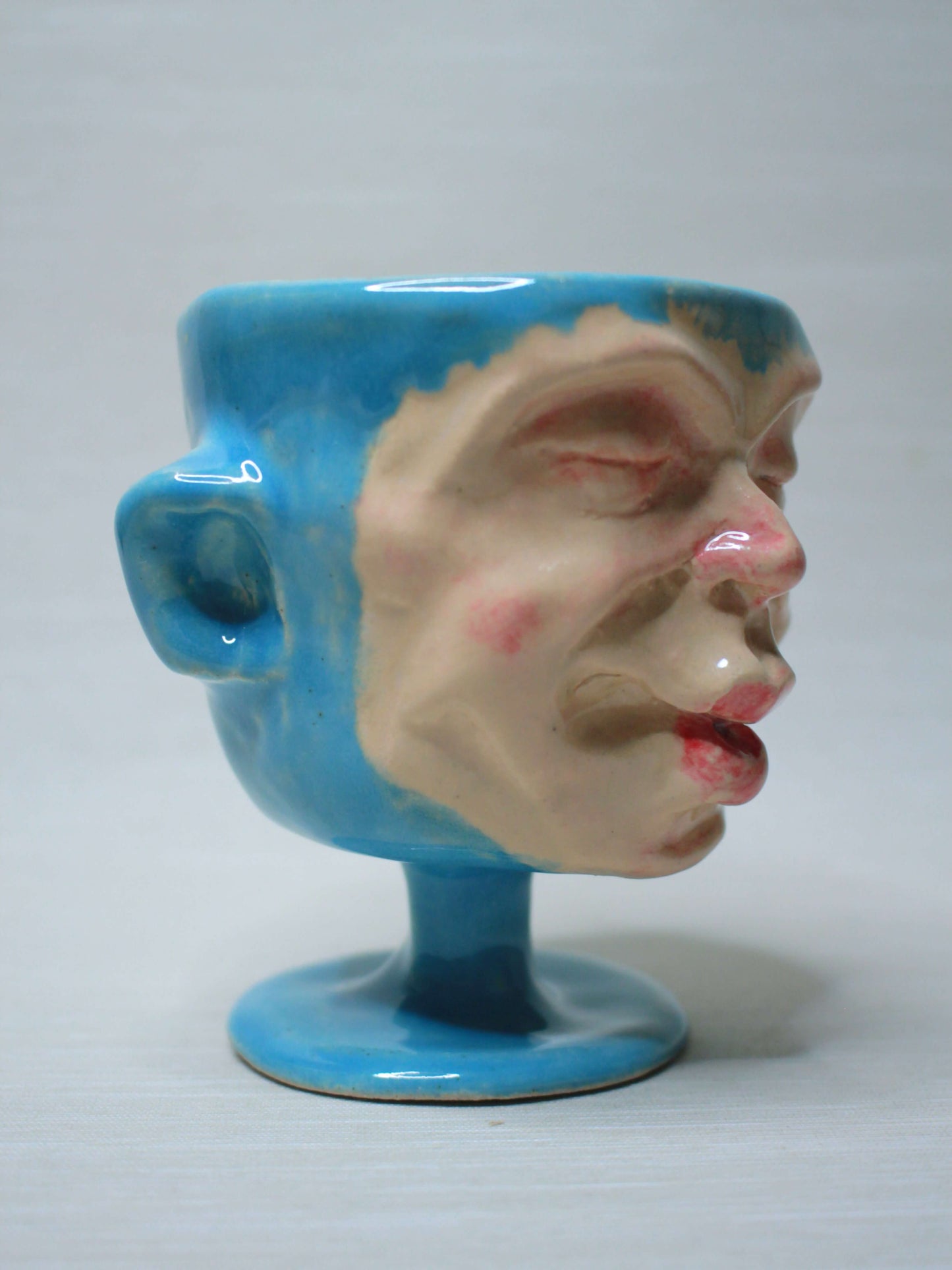 Mini Blue Ceramic Face Goblet - Small Handmade Ceramic Drinkware