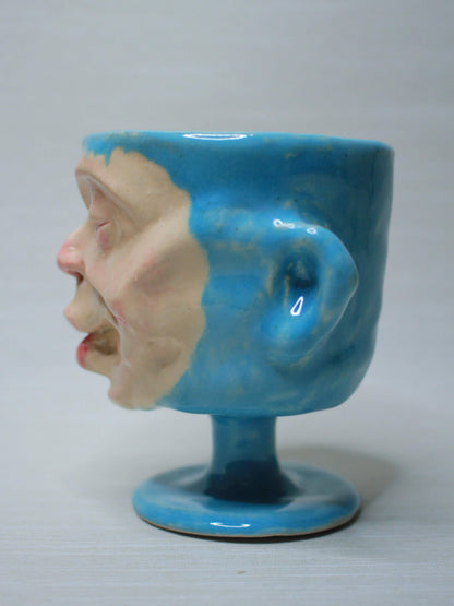 Mini Blue Ceramic Face Goblet - Small Handmade Ceramic Drinkware