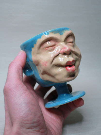 Mini Blue Ceramic Face Goblet - Small Handmade Ceramic Drinkware