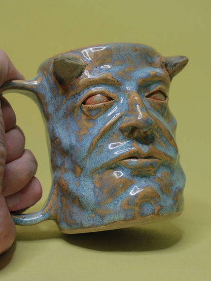 Blue Devil Face Tankard / Large Mug - Handmade Ceramic