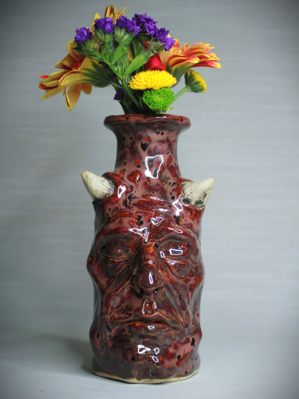 Red Devil Ceramic Bottle Vase - Small Handmade Ceramic Bud Vase