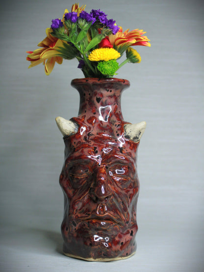 Red Devil Ceramic Bottle Vase - Small Handmade Ceramic Bud Vase