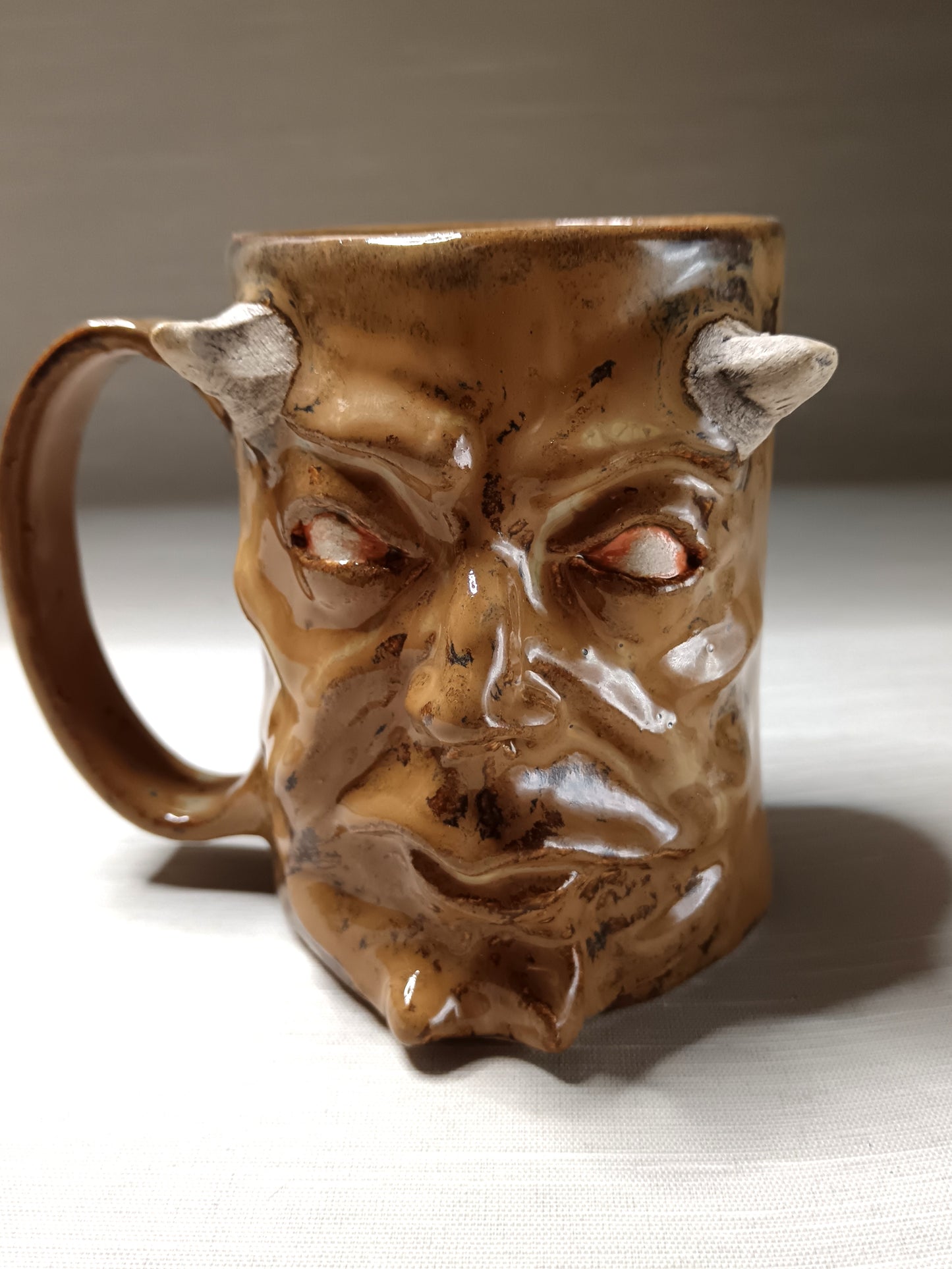 Brown Devil Face Tankard / Large Mug - Handmade Ceramic Beer Mug