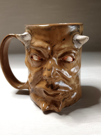 Brown Devil Face Tankard / Large Mug - Handmade Ceramic Beer Mug