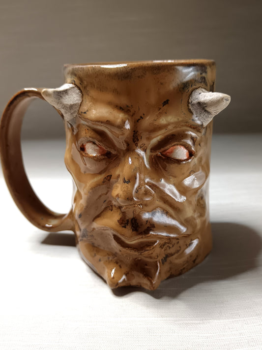 Brown Devil Face Tankard / Large Mug - Handmade Ceramic Beer Mug