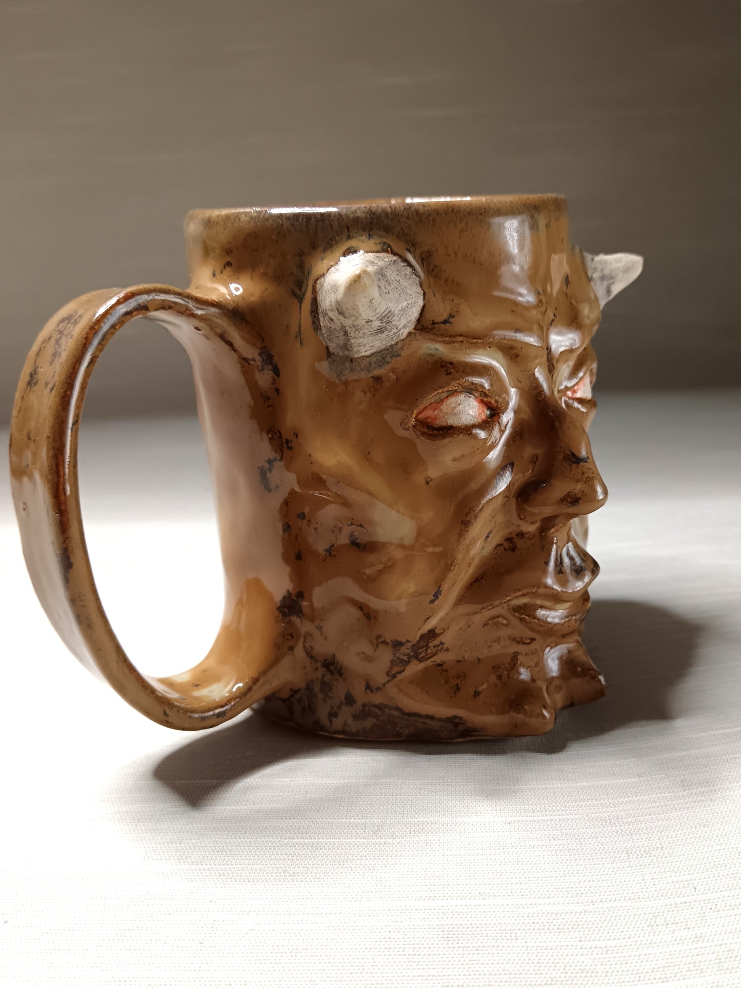 Brown Devil Face Tankard / Large Mug - Handmade Ceramic Beer Mug
