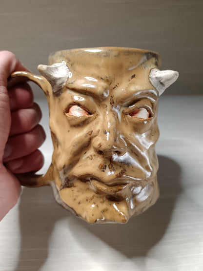 Brown Devil Face Tankard / Large Mug - Handmade Ceramic Beer Mug