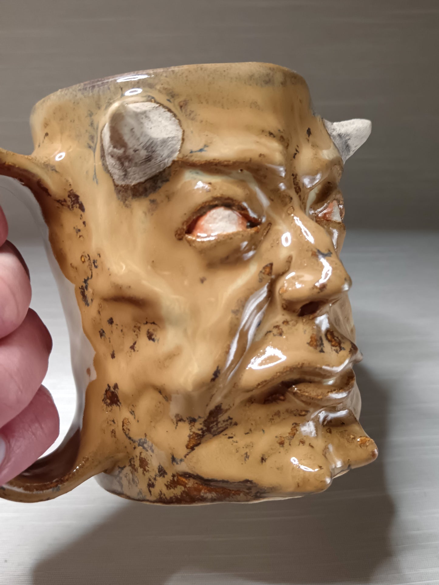 Brown Devil Face Tankard / Large Mug - Handmade Ceramic Beer Mug
