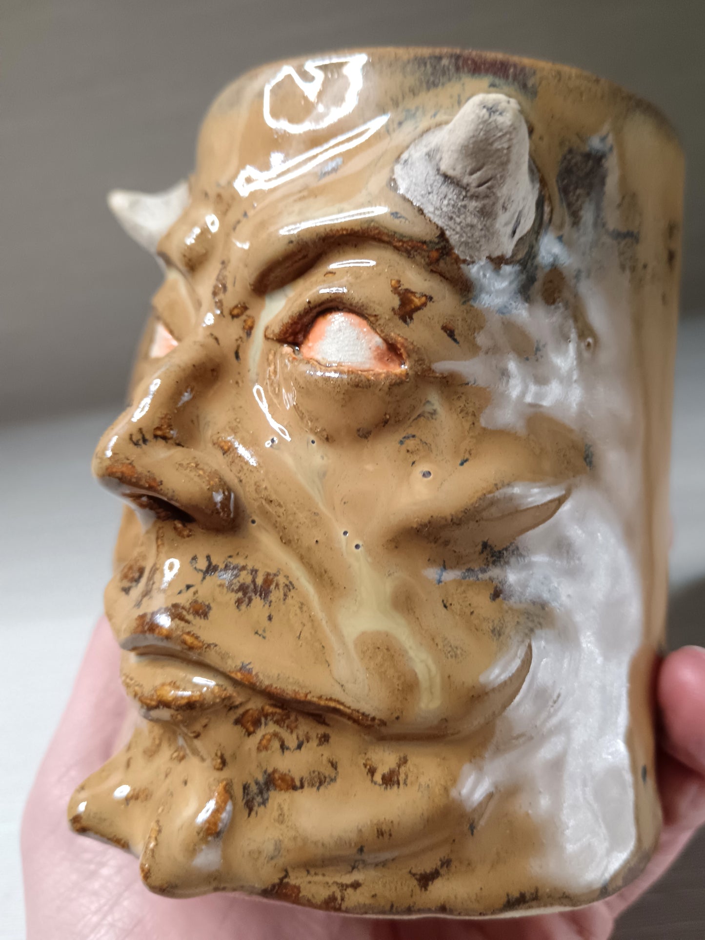 Brown Devil Face Tankard / Large Mug - Handmade Ceramic Beer Mug
