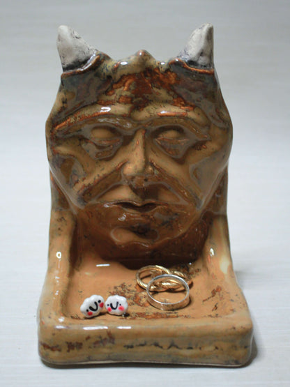 Devil Trinket / Tealight holder (Brown) - Handmade Creepy Ceramic Jewellery Dish / Mini Altar
