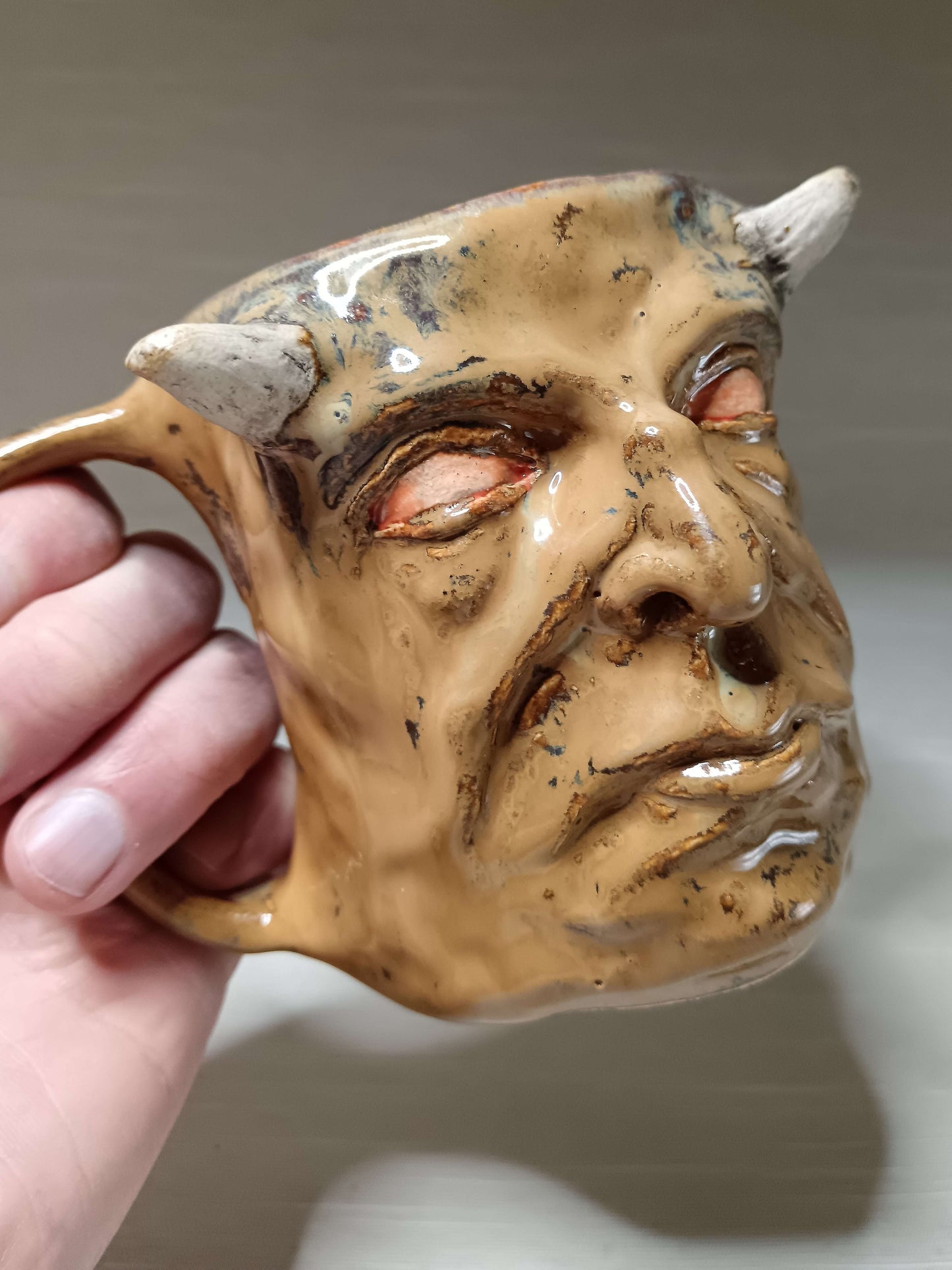 Creepy Brown Devil Mug - Weird Handmade Ceramic Horror Mug